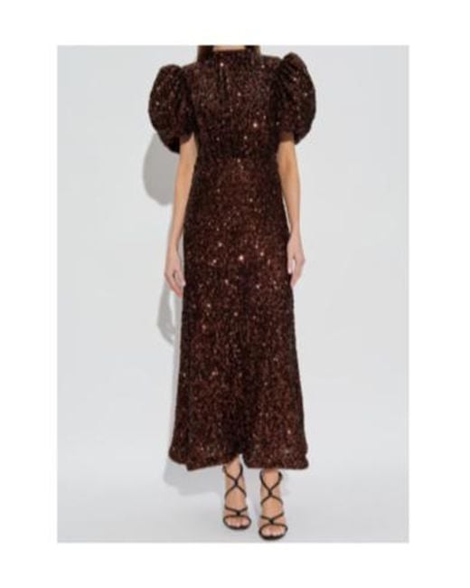 ROTATE BIRGER CHRISTENSEN Brown Sequin-Embellishment Puff-Sleeve Midi Dress