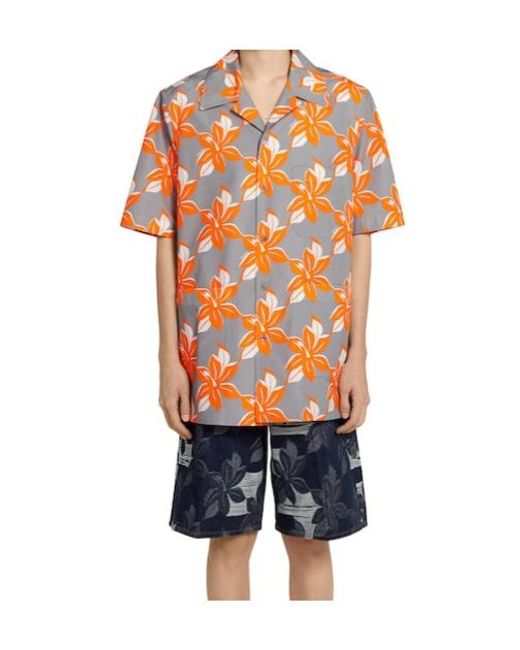 Gucci Orange Printed Short-Sleeve Poplin Shirt for men
