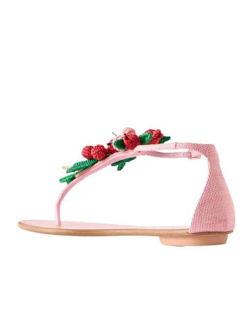 Aquazzura Pink Embellished Leather And Raffia Thong Sandals