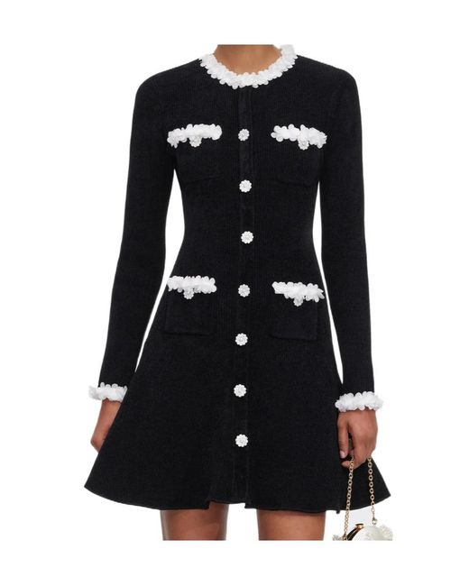 Self-Portrait Black Chenille Knit Flower Trim Mini Dress
