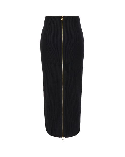 Patou Black Ribbed-Knit Front-Slit Midi Skirt