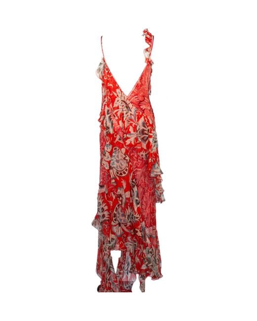 Etro Red Draped Asymmetric Ruffled Dress