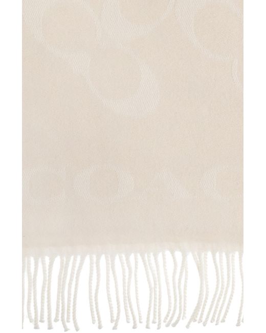 COACH White Fringed Logo Scarf
