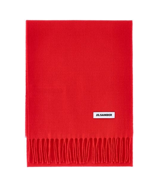 Jil Sander Red Fringed Logo Patch Scarf