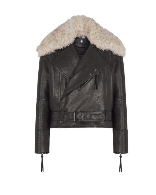 Balmain Black Leather Jacket With Shearling Collar for men