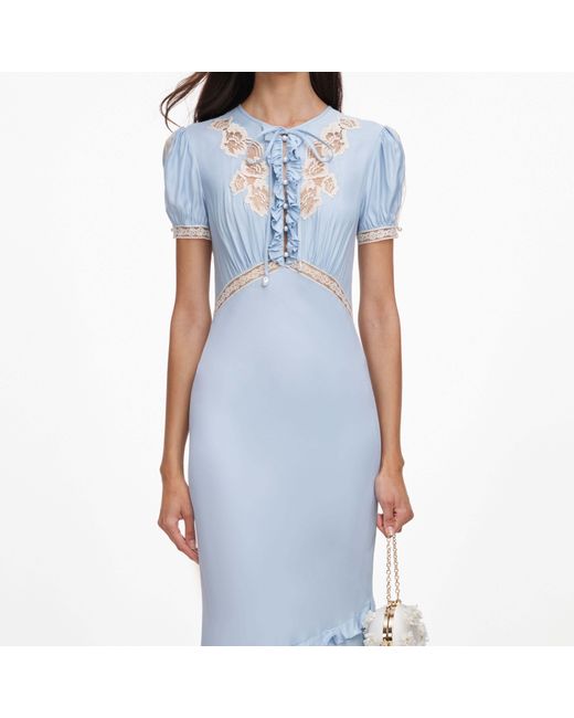 Self-Portrait Blue Ruffled Lace-Trim Midi Dress
