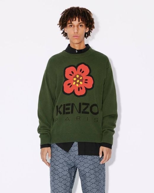 KENZO Green Boke Flower Logo Intarsia Crewneck Jumper for men