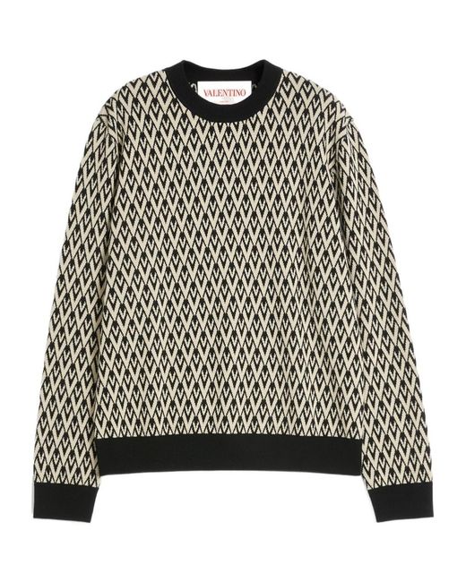 Valentino Black Crewneck Wool Jumper With Toute La V Jacquard Pattern for men