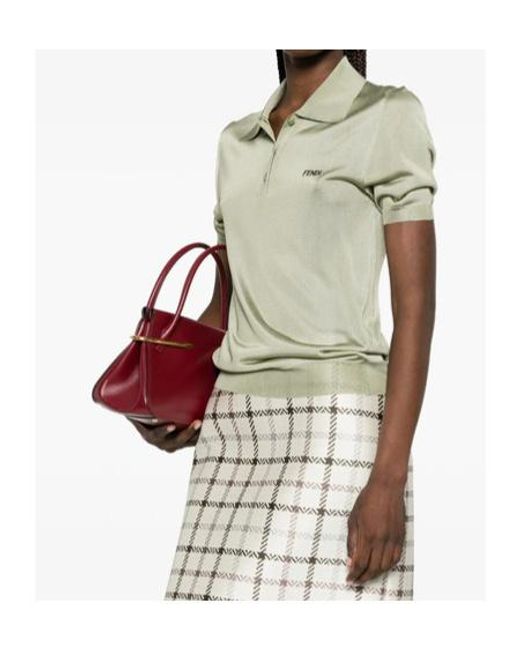 Fendi White Logo Embroidered Knitted Polo Top