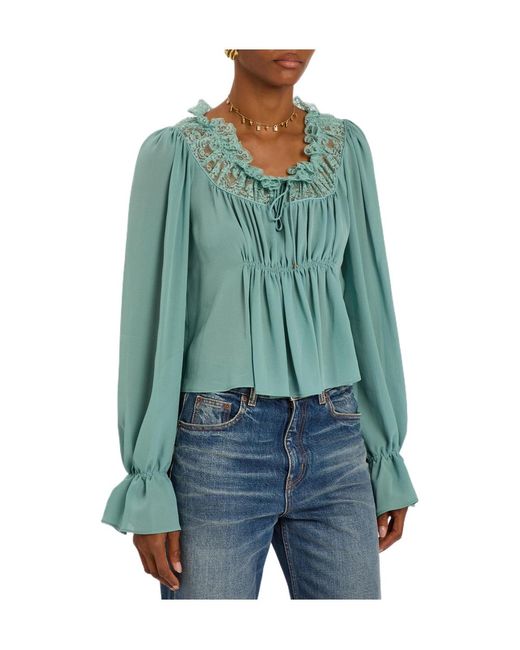 Chloé Blue Ruffled Lace-Trim Silk Blouse