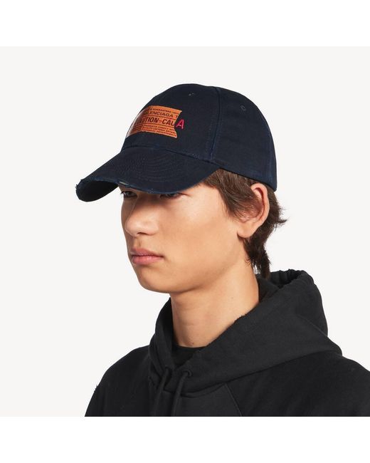 Balenciaga Blue Logo Embroidered Distressed Cap for men