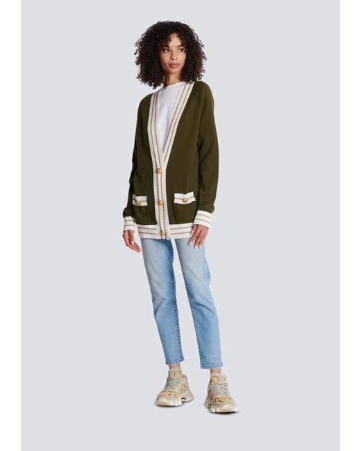 Balmain Green Wool-blend Logo Cardigan