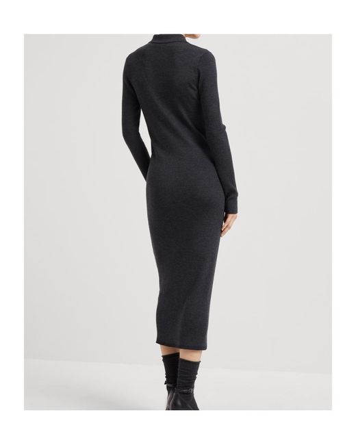 Brunello Cucinelli Black Monili-Trim Long-Sleeved Midi Dress
