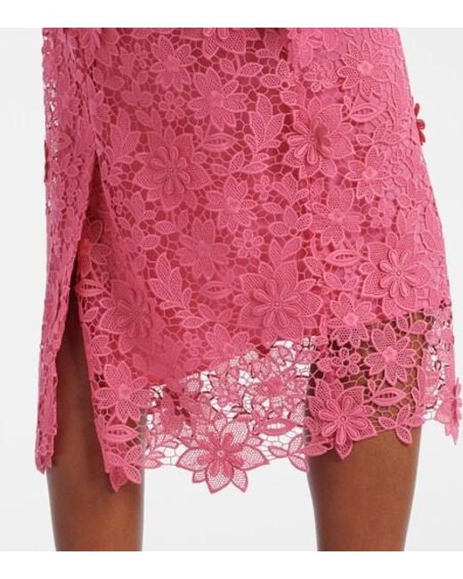 Monique Lhuillier Pink Hibiscus Floral Lace Midi Dress