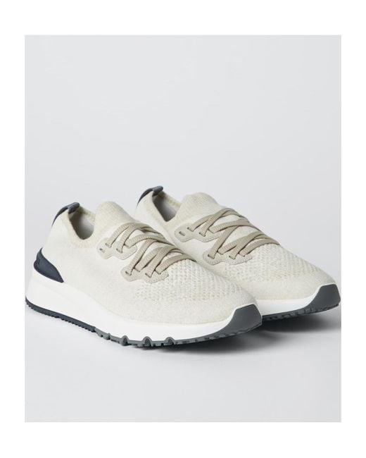 Brunello Cucinelli White Knitted Low-Top Sneakers for men