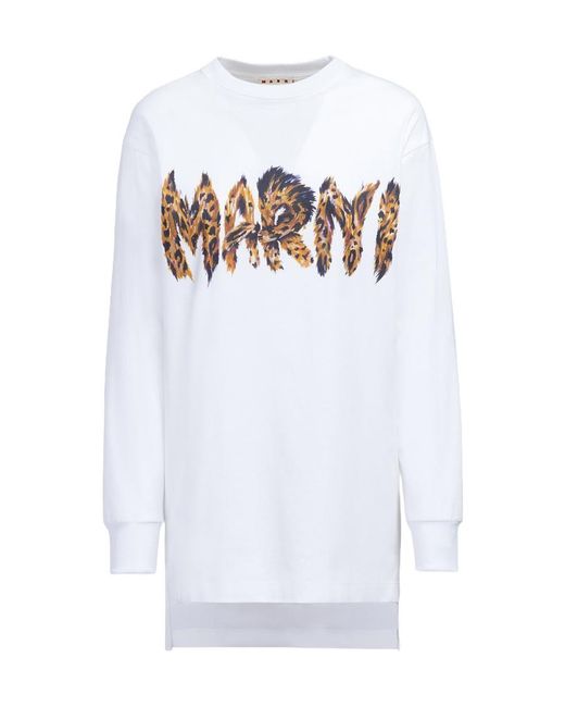 Marni White Feline Print Logo Bio Jersey Long T-Shirt