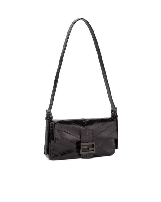 Fendi Black Baguette 26424 Inlaid Hagfish Leather Bag