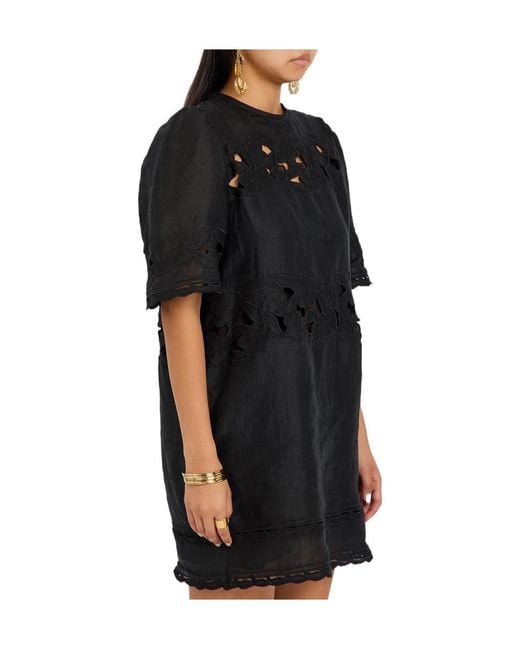 Isabel Marant Black Floral-Embroidered Ramie Mini Dress