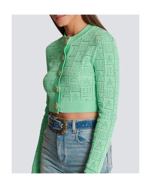 Balmain Green Buttonned Monogram Mesh Knit Cardigan