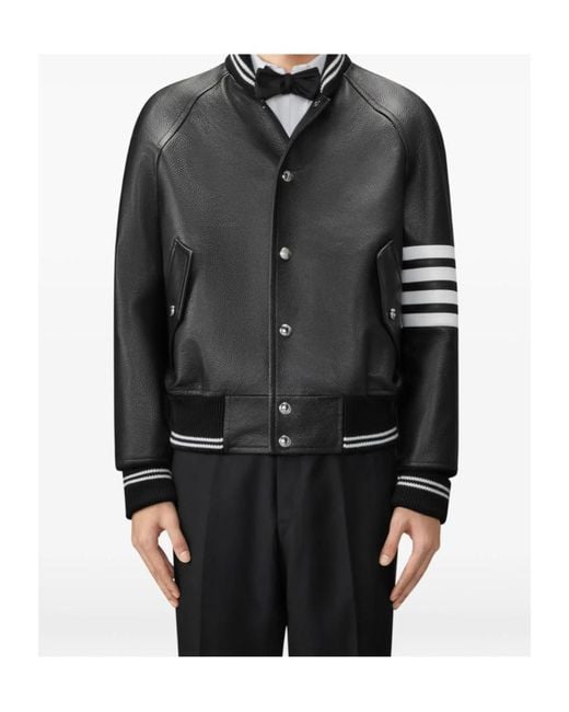 Thom Browne Black Raglan-Sleeve Striped Leather Jacket for men