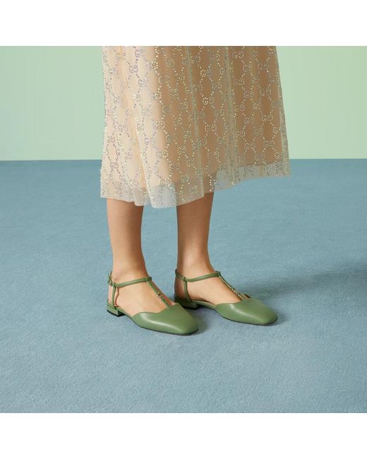 Gucci Green Double G Square-Toe Ballerinas
