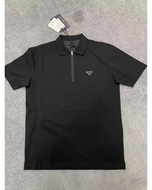 Prada Black Zip Detail Logo Polo Shirt for men