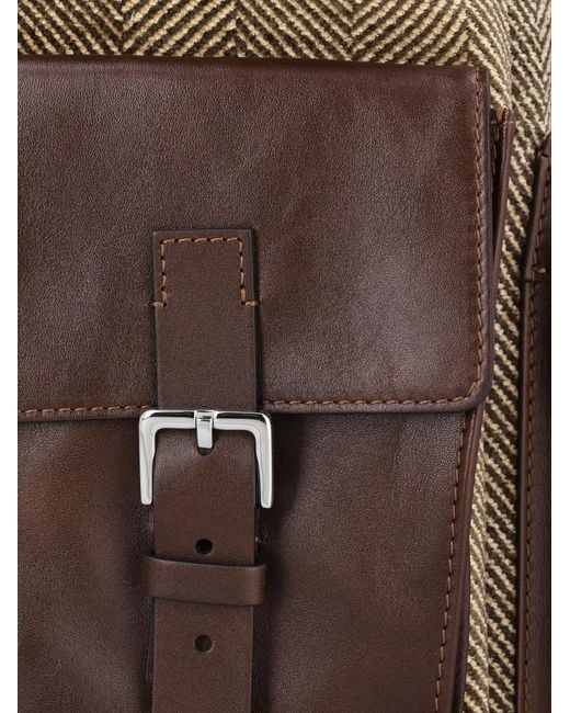 Brunello Cucinelli Brown Burnished Calfskin And Chevron-Effect Techno Fabric City Backpack for men