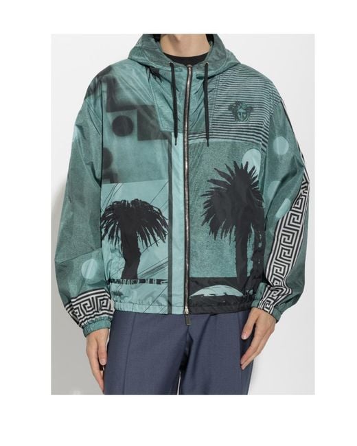 Versace Green Sunset Palms Print Hooded Jacket for men