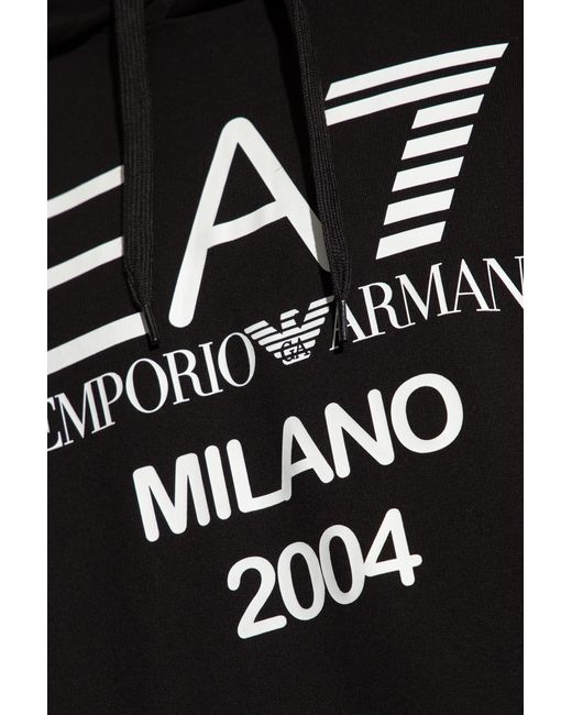 EA7 Black Logo-Print Cotton Hoodie for men