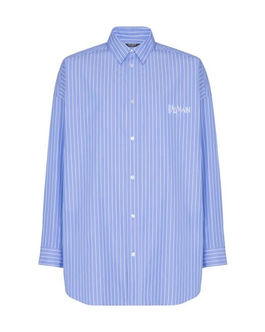 Balmain Blue Cotton Relaxed Stripe Logo Shirt for men