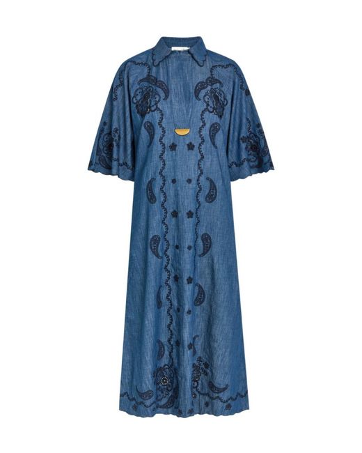 Zimmermann Blue Aster Embroidered Denim Midi Dress