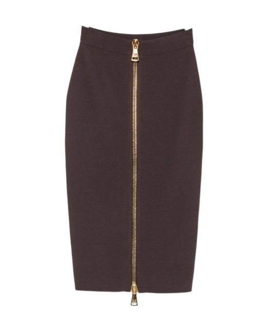 Elisabetta Franchi Brown Front-Zip Pencil Midi Skirt
