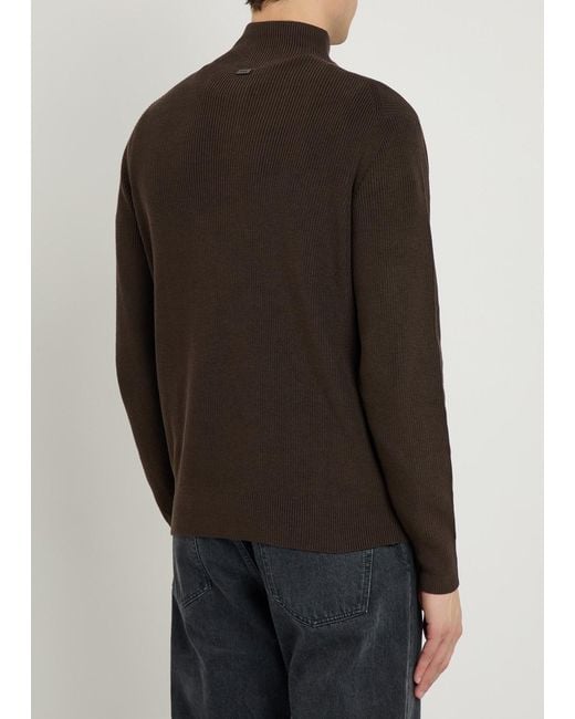 Tod's Brown Ribbed Half-Zip Silk And Cotton-Blend Jumper for men