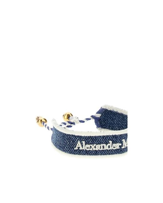 McQueen Blue Logo Embroidered Skull Bracelet