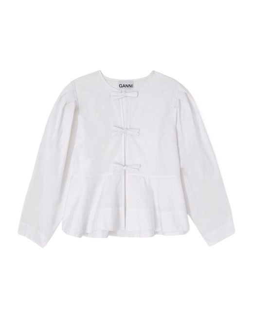 Ganni White Bow-Front Peplum Top