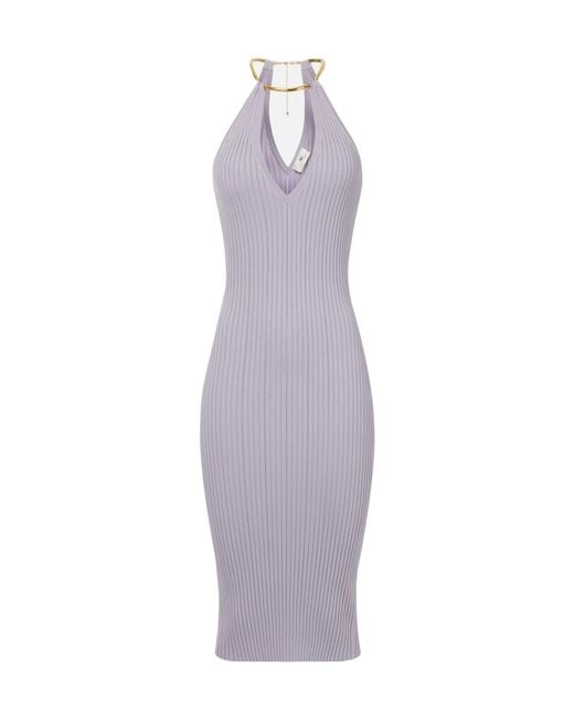 Elisabetta Franchi Purple Openwork Knit Necklace-Detail Dress