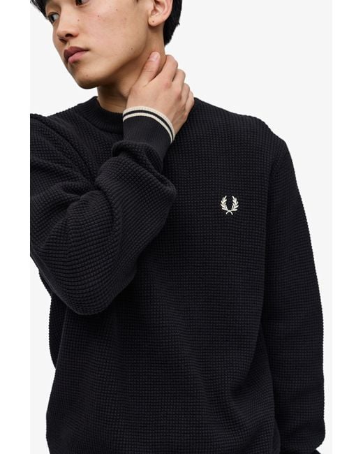Fred Perry Black Waffle-Knit Crewneck Jumper for men