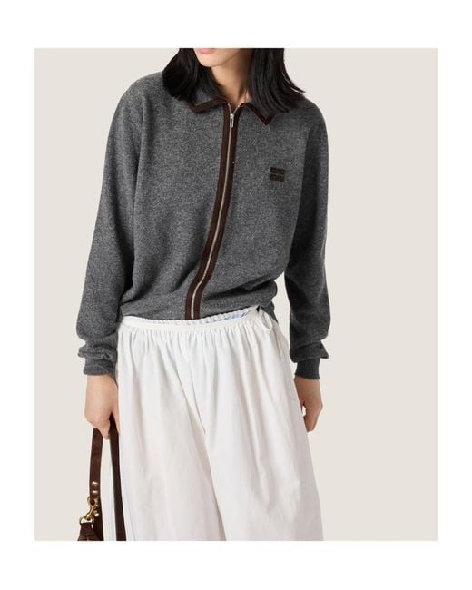 Miu Miu Gray Wool And Cashmere Cardigan With Suede Details