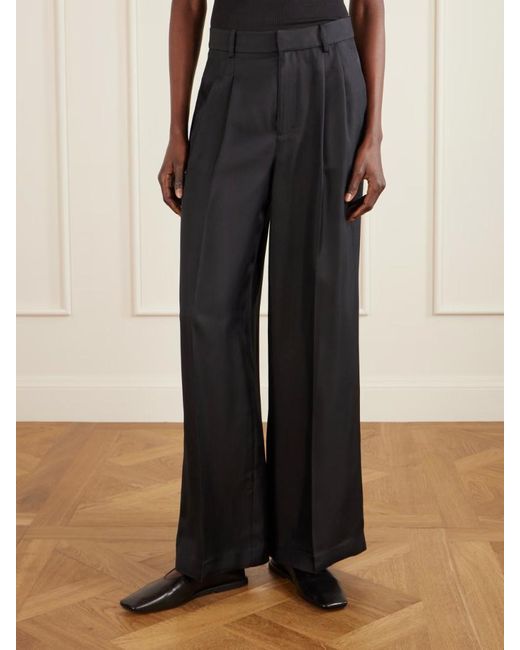 Lisa Yang Black Pleated Silk-Twill Wide-Leg Pants