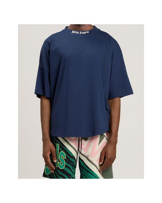 Palm Angels Blue Logo Printed Crewneck T-Shirt for men