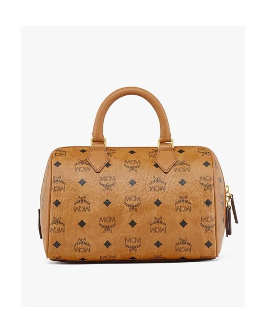 MCM Brown All-Over Logo Printed Zip-Up Tote Bag