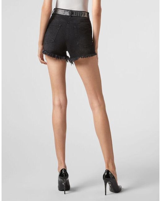 Philipp Plein Black And Logo Details Denim Shorts