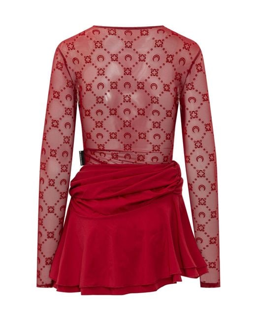 MARINE SERRE Red Moonogram Flock Ruffle Mini Dress