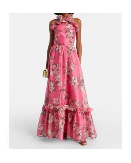 Leo Pink Isabelle Floral Ruffled Linen-Blend Gown