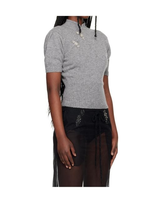 Simone Rocha Gray Short-Sleeved Stand-Up Collar Cashmere Sweater