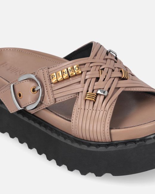 Pinko Brown Buckled Leather Sandals