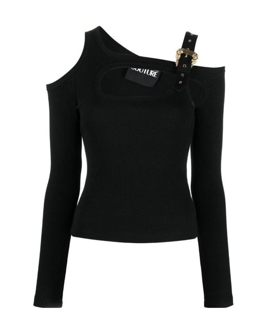 Versace Jeans Black Baroque Buckle Ribbed Cut-Out Top