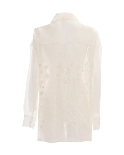 P.A.R.O.S.H. White Sheer Floral Embellished Shirt