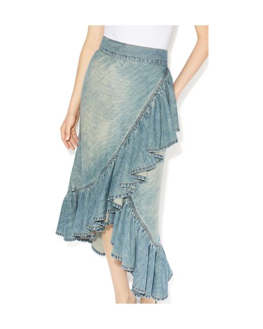 Alaïa Blue Denim Ruffle Wrap Skirt Asymmetric Cut