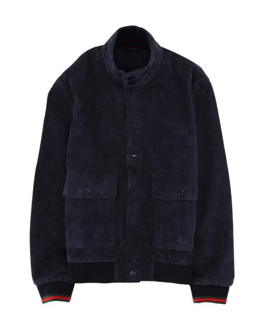 Gucci Blue Web Detailed Leather Jacket for men